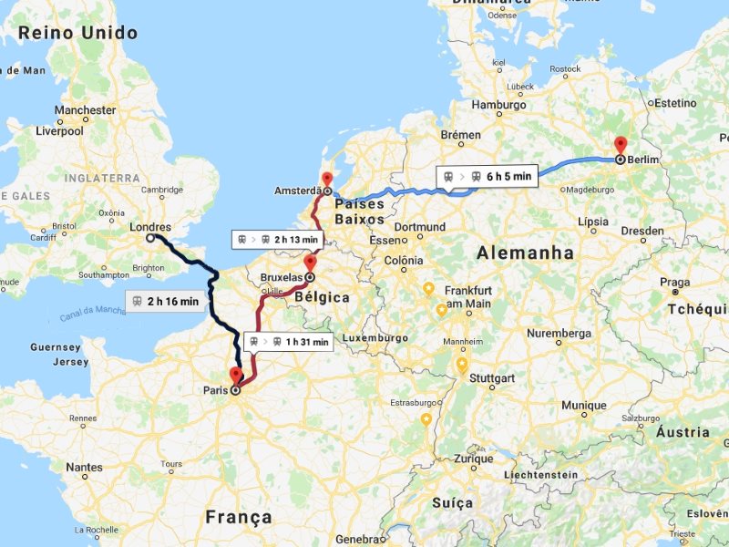 Train itinerary through 5 European capitals: London, Paris, Brussels, Amsterdam and Berlin